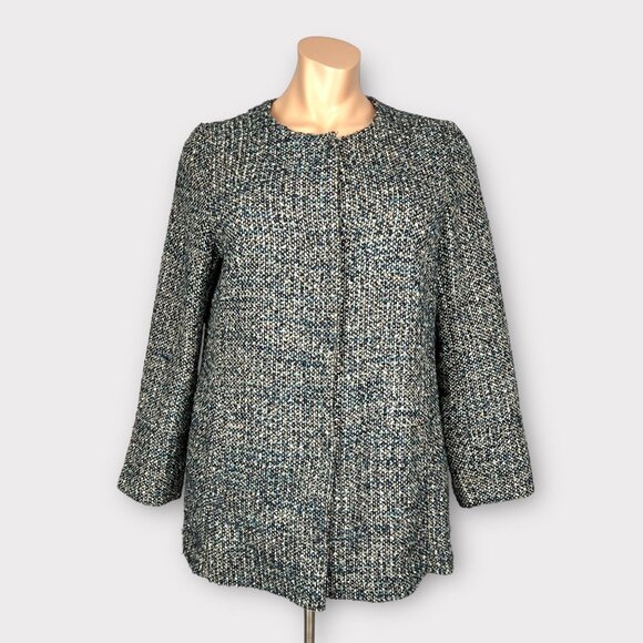 Talbots Womens Plus Italian Tweed Boucle Long Jacket Blue Tan Snap Front size 20 - Picture 1 of 14